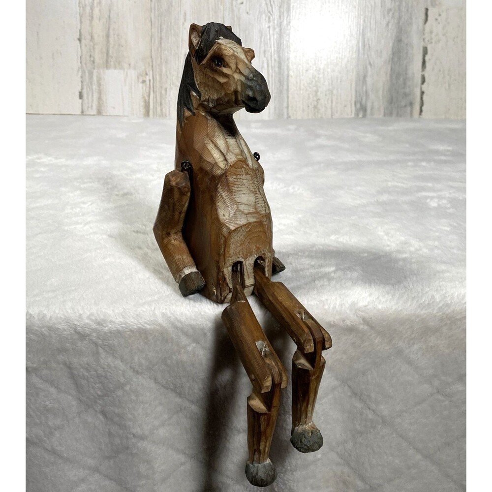 Vintage Hand Carved Wooden Horse Shelf Sitter Jointed Rustic Western Folk Art